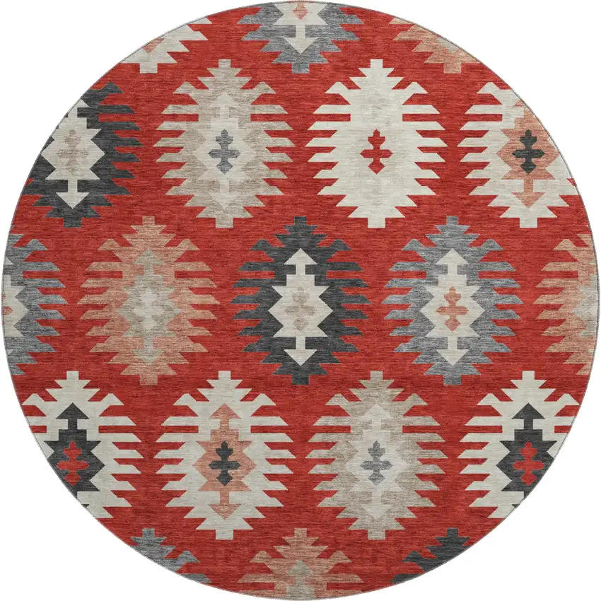 8' Red Ivory And Gray Southwestern Washable Round Rug With UV Protection Photo 1