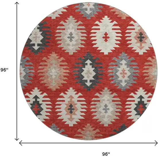 8' Red Ivory And Gray Southwestern Washable Round Rug With UV Protection Photo 9