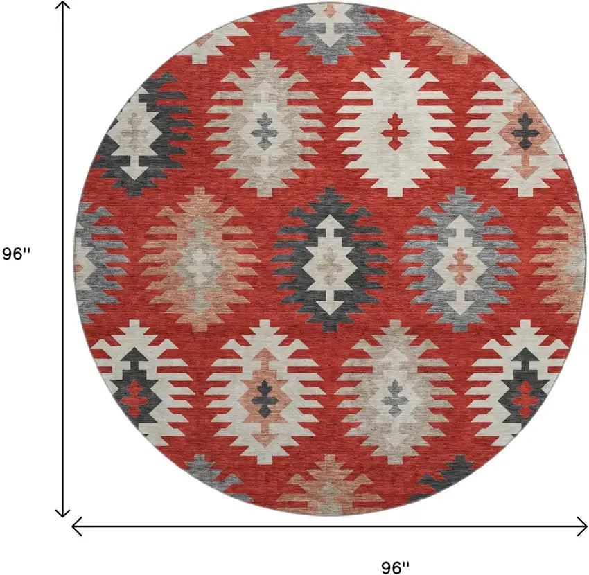 8' Red Ivory And Gray Southwestern Washable Round Rug With UV Protection Photo 9