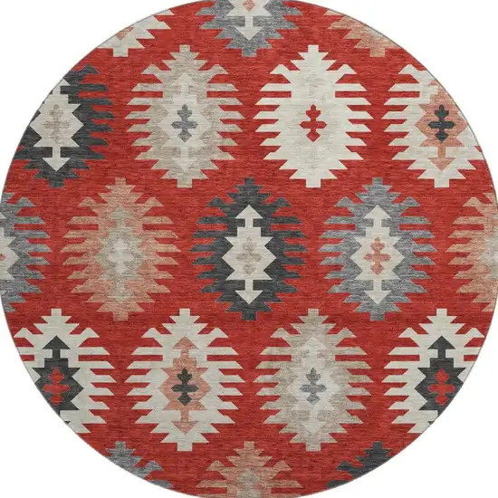 8' Red Ivory And Gray Southwestern Washable Round Rug With UV Protection Photo 3