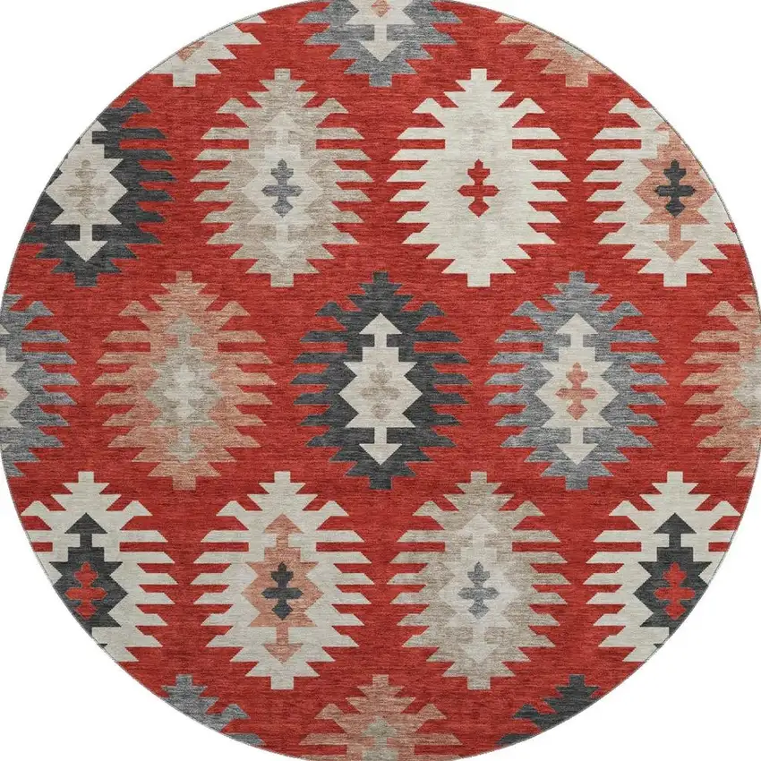8' Red Ivory And Gray Southwestern Washable Round Rug With UV Protection Photo 3