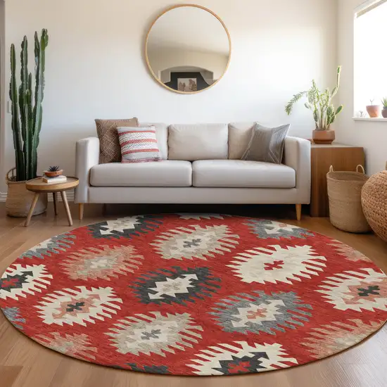 8' Red Ivory And Gray Southwestern Washable Round Rug With UV Protection Photo 4
