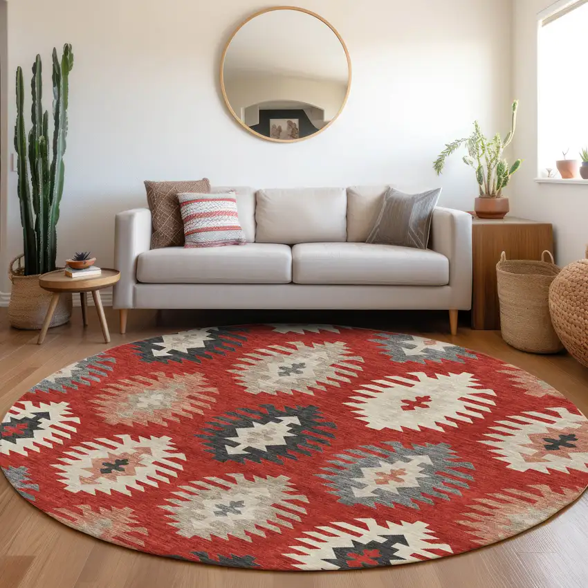 8' Red Ivory And Gray Southwestern Washable Round Rug With UV Protection Photo 4