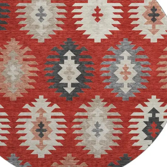 8' Red Ivory And Gray Southwestern Washable Round Rug With UV Protection Photo 2