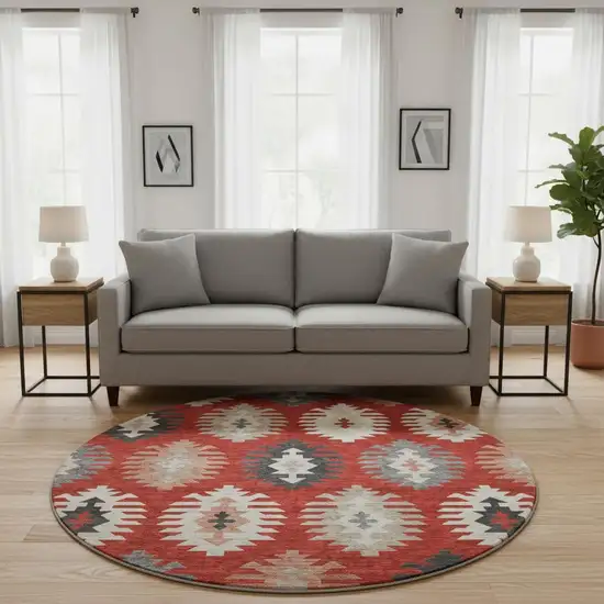 8' Red Ivory And Gray Southwestern Washable Round Rug With UV Protection Photo 2