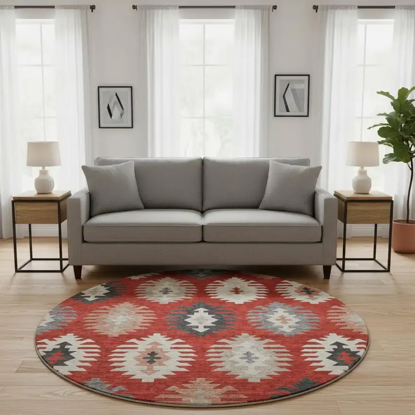 8' Red Ivory And Gray Southwestern Washable Round Rug With UV Protection Photo 2