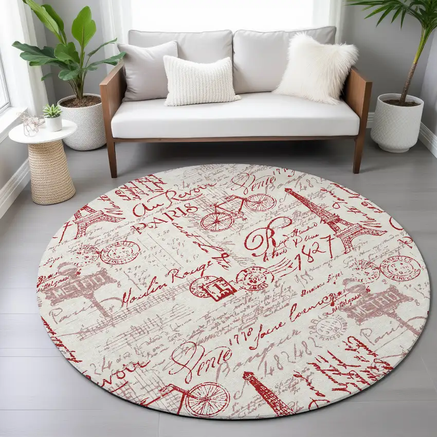 8' Red Ivory And Merlot Round Toile Washable Indoor Outdoor Area Rug Photo 9