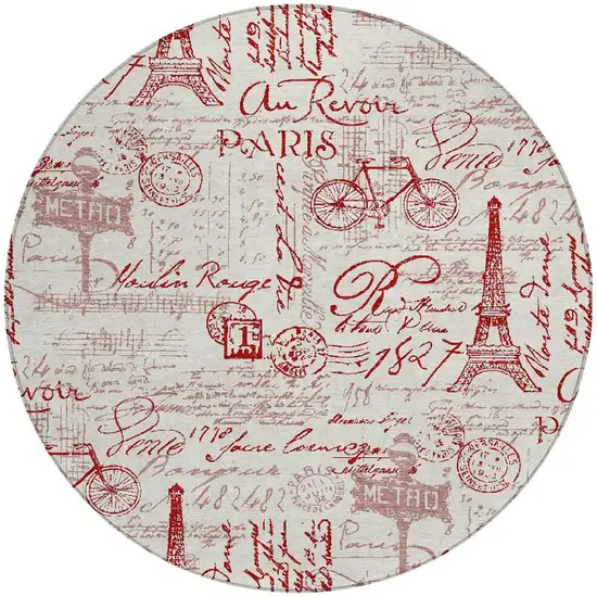 8' Red Ivory And Merlot Round Toile Washable Indoor Outdoor Area Rug Photo 4