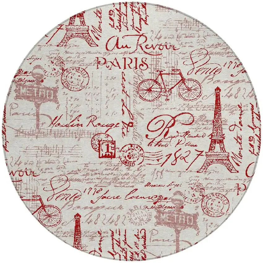 8' Red Ivory And Merlot Round Toile Washable Indoor Outdoor Area Rug Photo 4
