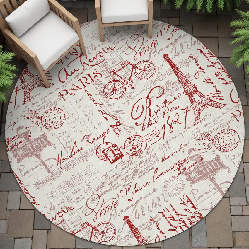 8' Red Ivory And Merlot Round Toile Washable Indoor Outdoor Area Rug Photo 8