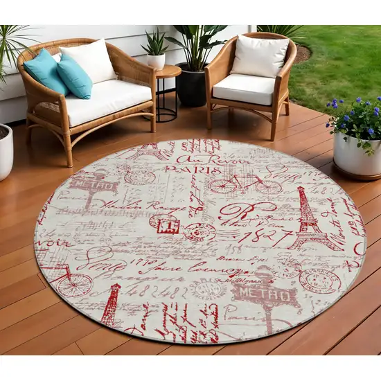8' Red Ivory And Merlot Round Toile Washable Indoor Outdoor Area Rug Photo 2