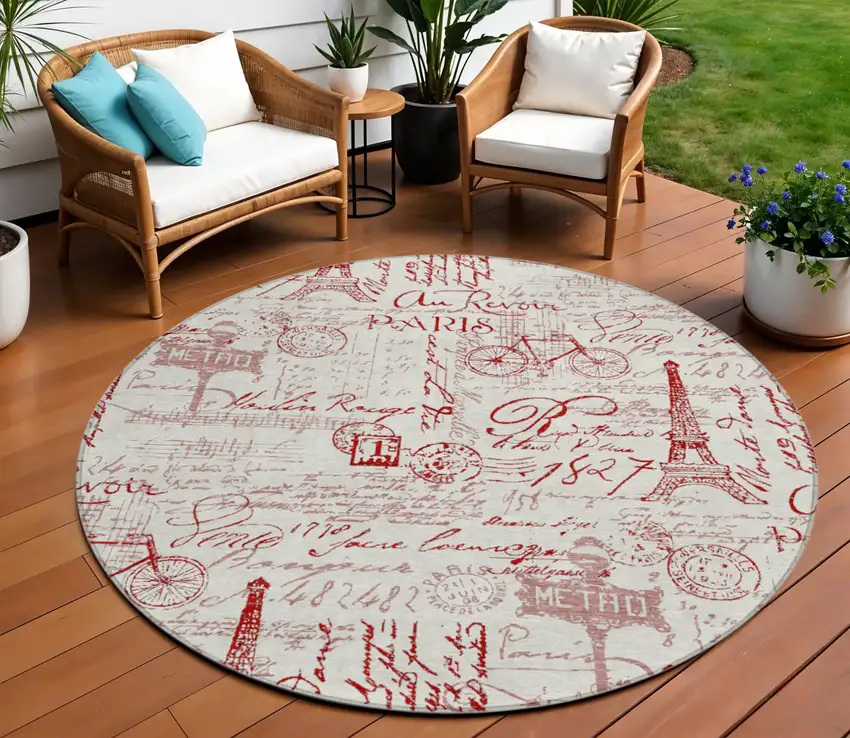 8' Red Ivory And Merlot Round Toile Washable Indoor Outdoor Area Rug Photo 2
