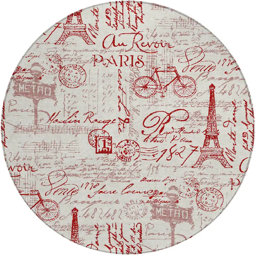 8' Red Ivory And Merlot Round Toile Washable Indoor Outdoor Area Rug Photo 1