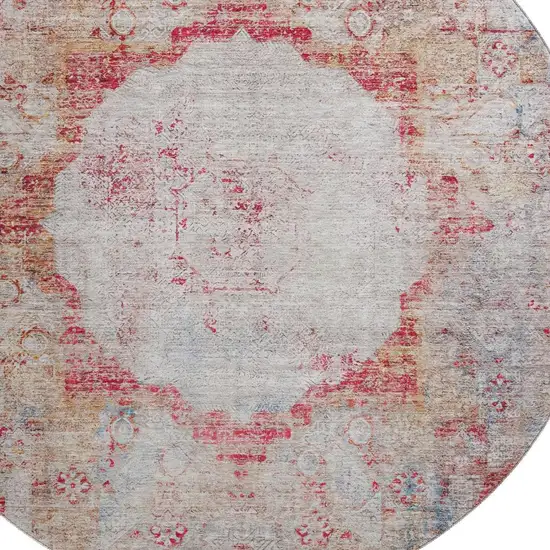 8' Red Ivory And Orange Oriental Washable Round Rug With UV Protection Photo 4