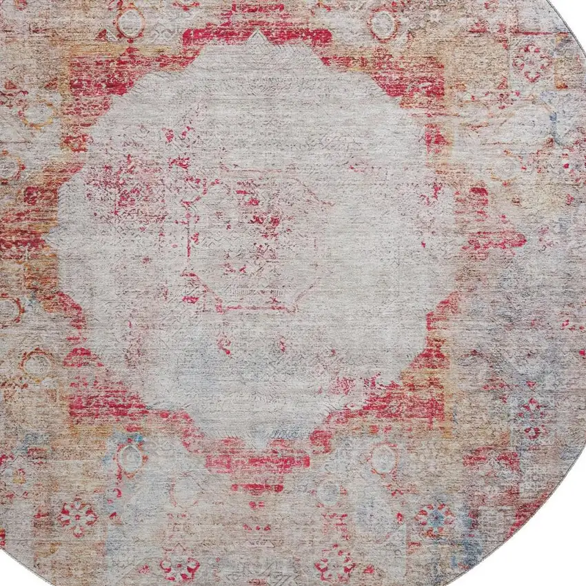 8' Red Ivory And Orange Oriental Washable Round Rug With UV Protection Photo 4