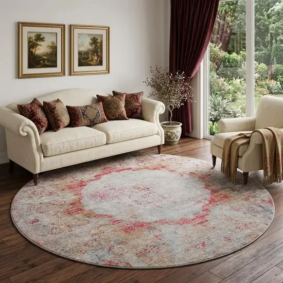8' Red Ivory And Orange Oriental Washable Round Rug With UV Protection Photo 1