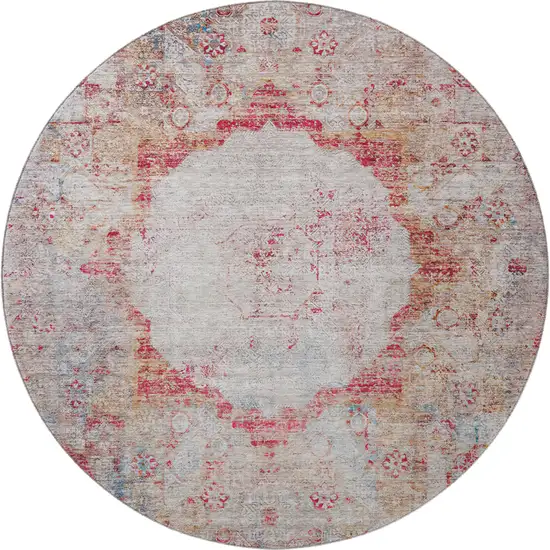 8' Red Ivory And Orange Oriental Washable Round Rug With UV Protection Photo 3