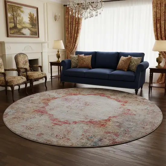 8' Red Ivory And Orange Oriental Washable Round Rug With UV Protection Photo 2