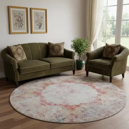 8' Red Ivory And Orange Oriental Washable Round Rug With UV Protection Photo 1