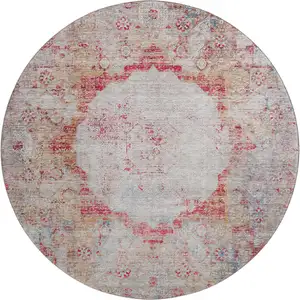 Photo of 8' Red Ivory And Orange Oriental Washable Round Rug With UV Protection