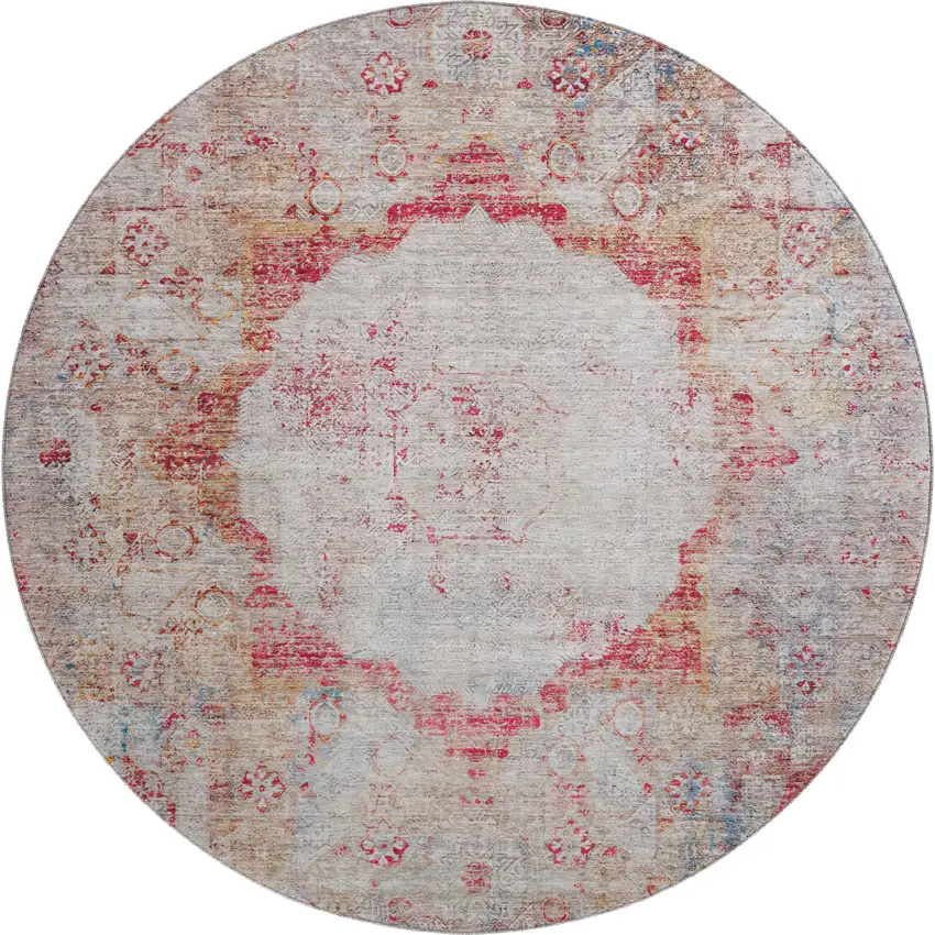 8' Red Ivory And Orange Oriental Washable Round Rug With UV Protection Photo 1