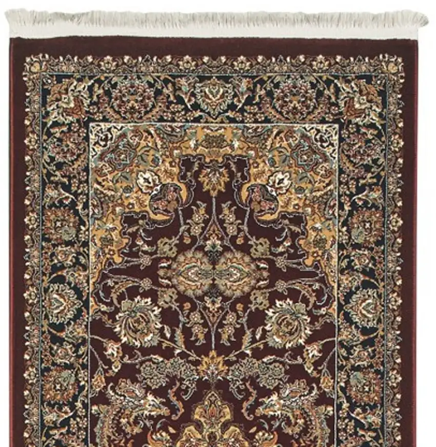 10' Red Light Brown And Ivory Medallion Runner Rug With Fringe Photo 5