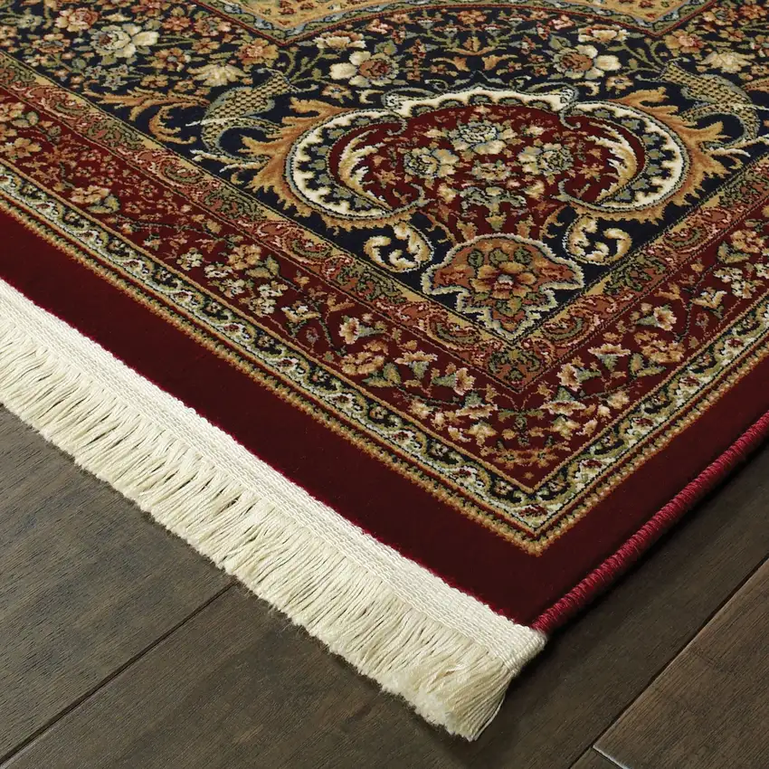 10' Red Light Brown And Ivory Medallion Runner Rug With Fringe Photo 6