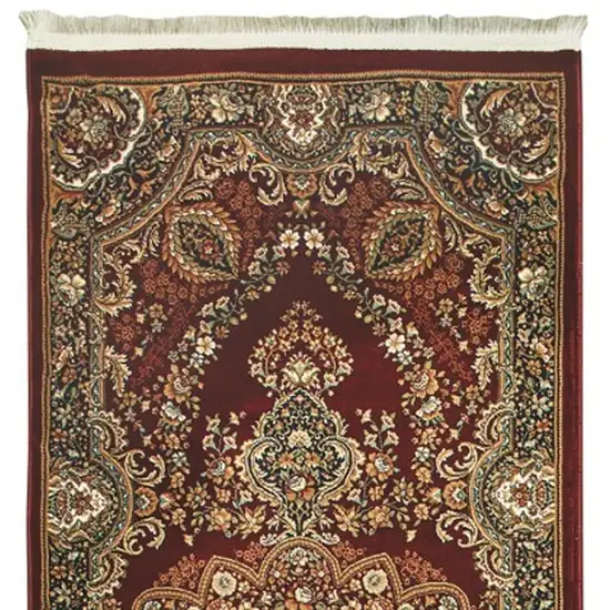 10' Red Light Brown And Ivory Medallion Runner Rug With Fringe Photo 5