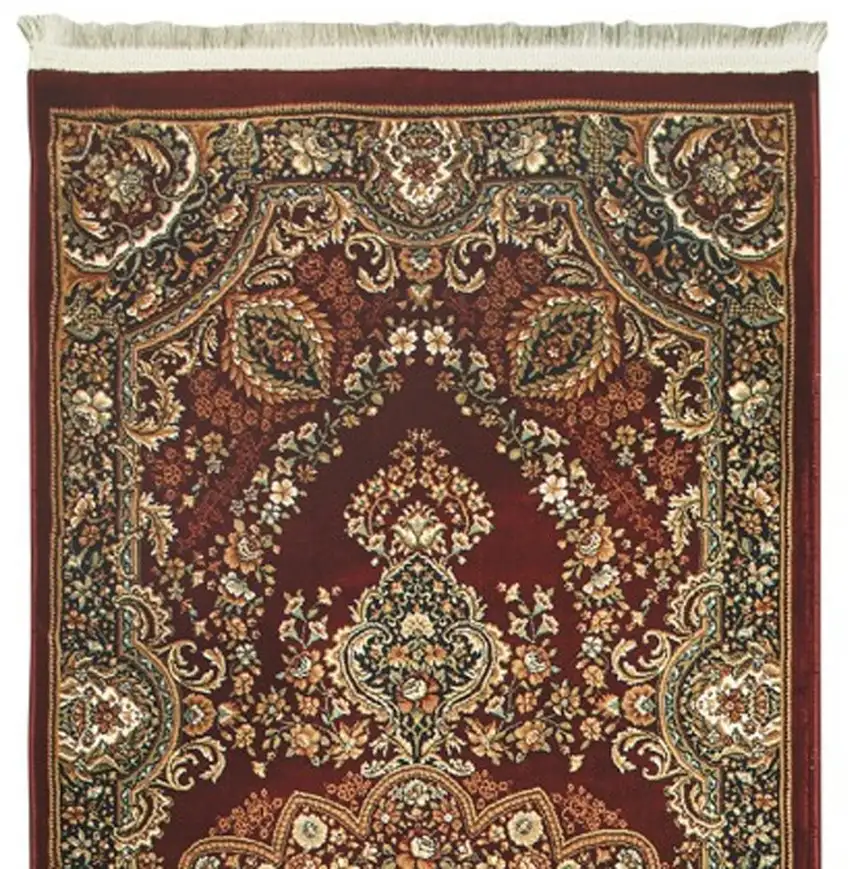 10' Red Light Brown And Ivory Medallion Runner Rug With Fringe Photo 5