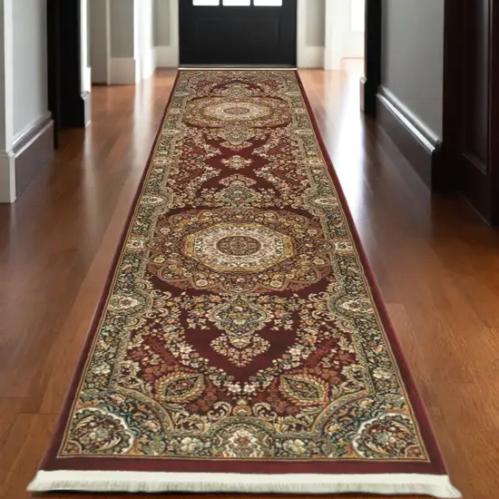 10' Red Light Brown And Ivory Medallion Runner Rug With Fringe Photo 1