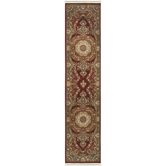 10' Red Light Brown And Ivory Medallion Runner Rug With Fringe Photo 4
