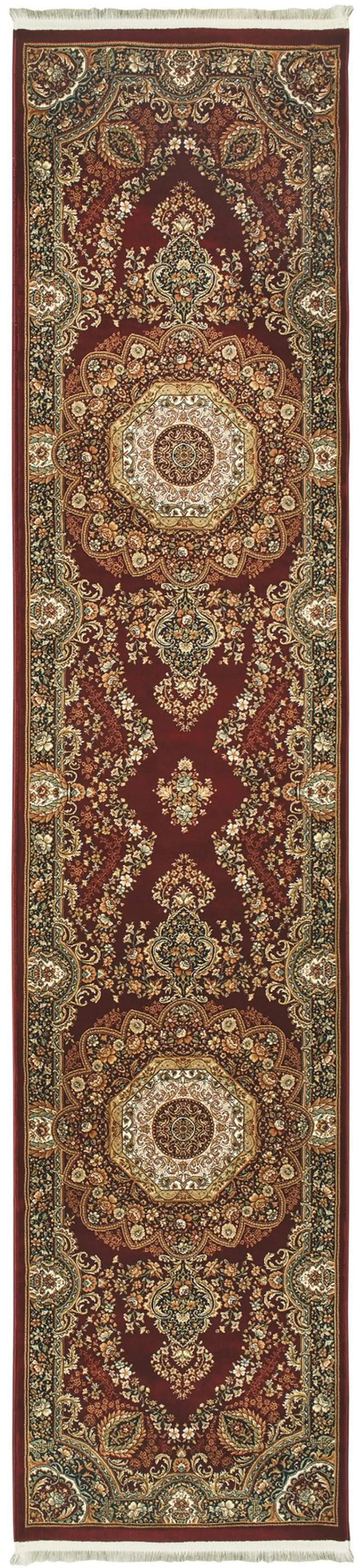 10' Red Light Brown And Ivory Medallion Runner Rug With Fringe Photo 4