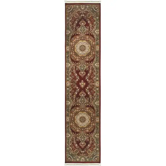 10' Red Light Brown And Ivory Medallion Runner Rug With Fringe Photo 2