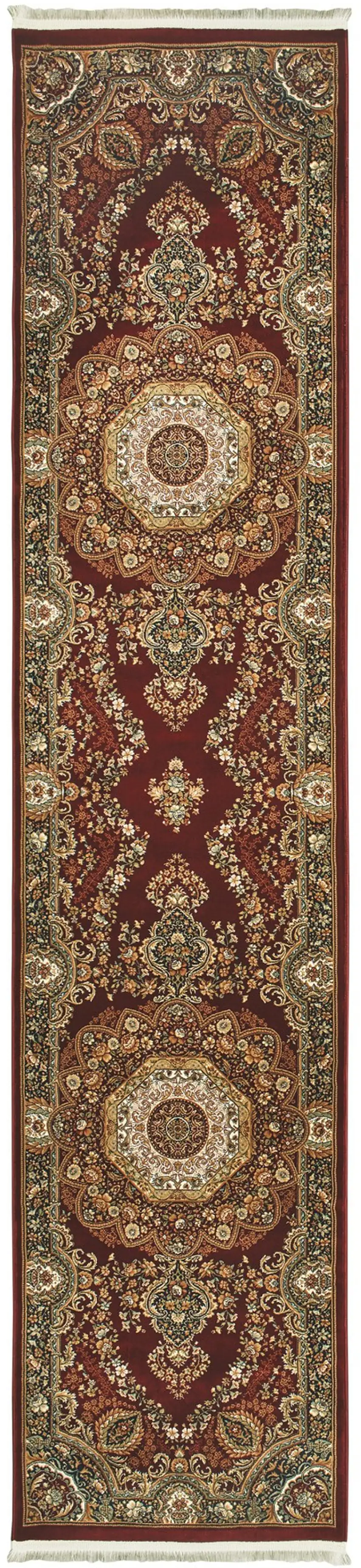 10' Red Light Brown And Ivory Medallion Runner Rug With Fringe Photo 2