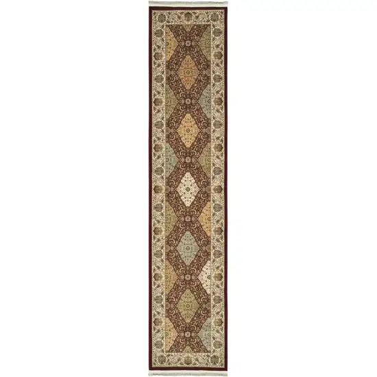 10' Red Light Brown And Ivory Oriental Runner Rug With Fringe Photo 2