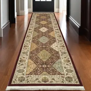 Photo of 10' Red Light Brown And Ivory Oriental Runner Rug With Fringe