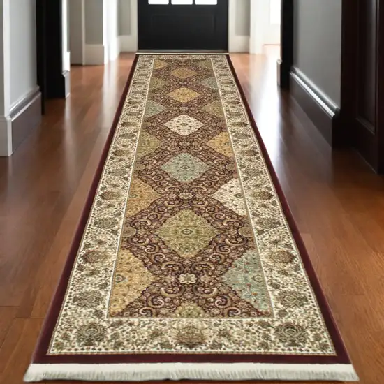 10' Red Light Brown And Ivory Oriental Runner Rug With Fringe Photo 1