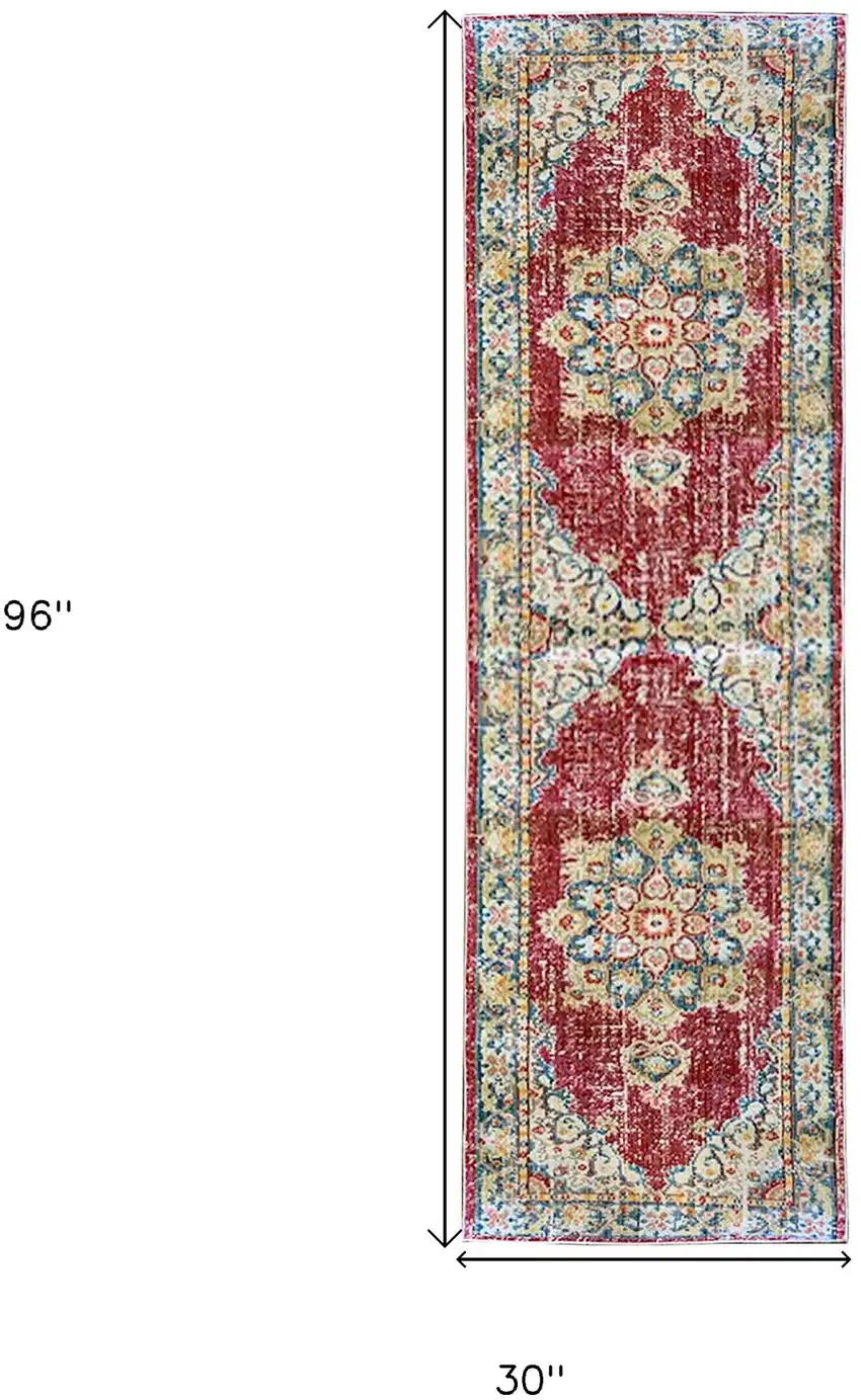 8' Red Medallion Power Loom Runner Rug Photo 9