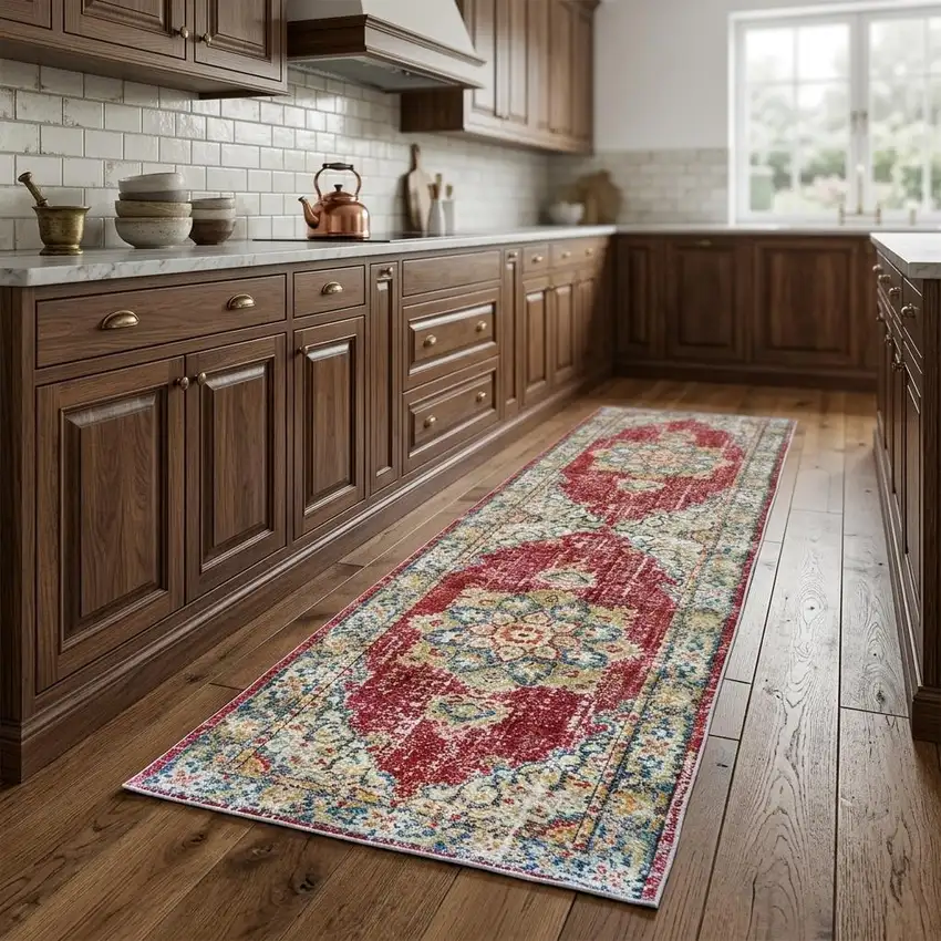 8' Ivory Red And Blue Medallion Runner Rug Photo 1
