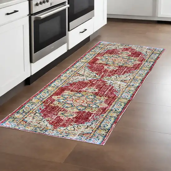8' Orange Red and Gold Medallion Power Loom Runner Rug Photo 1