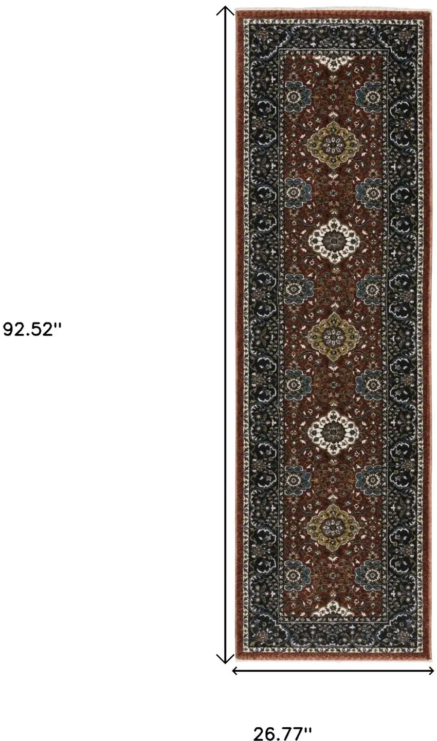 8' Red Medallion Runner Rug With Fringe Photo 3