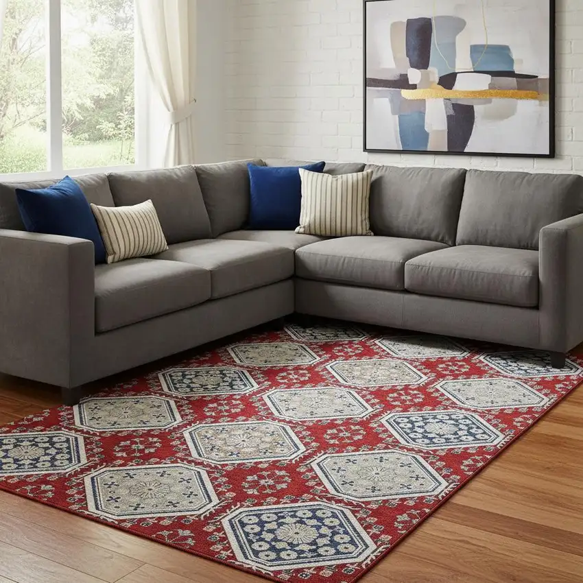 8' Red Navy Blue And Ivory Floral Washable Area Rug With UV Protection Photo 2