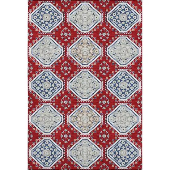 8' Red Navy Blue And Ivory Floral Washable Area Rug With UV Protection Photo 1