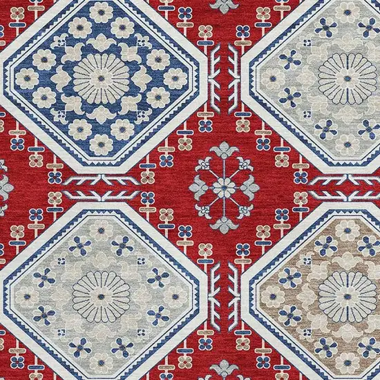 8' Red Navy Blue And Ivory Floral Washable Area Rug With UV Protection Photo 2