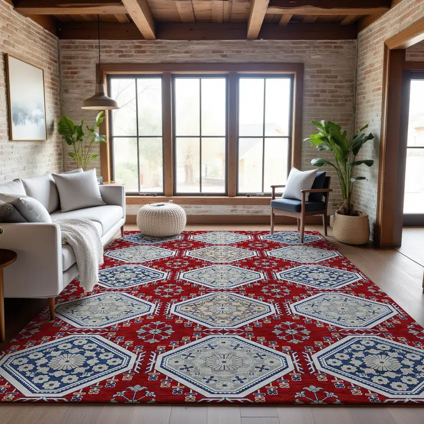 8' Red Navy Blue And Ivory Floral Washable Area Rug With UV Protection Photo 5