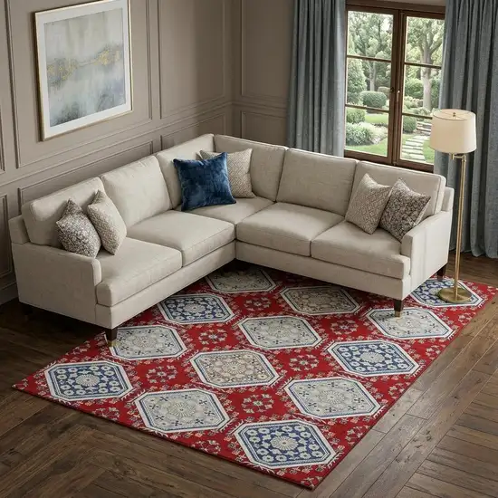 8' Red Navy Blue And Ivory Floral Washable Area Rug With UV Protection Photo 1