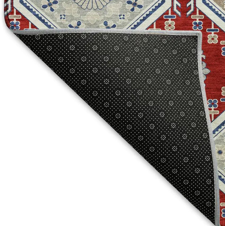 8' Red Navy Blue And Ivory Floral Washable Area Rug With UV Protection Photo 6