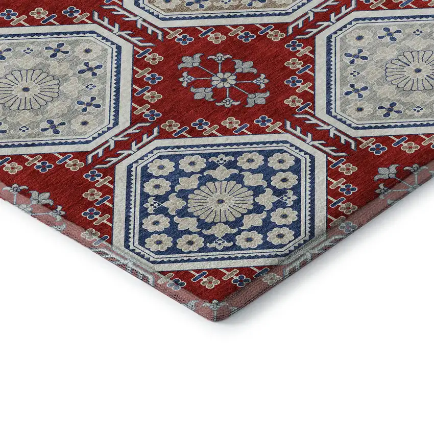 8' Red Navy Blue And Ivory Floral Washable Area Rug With UV Protection Photo 7
