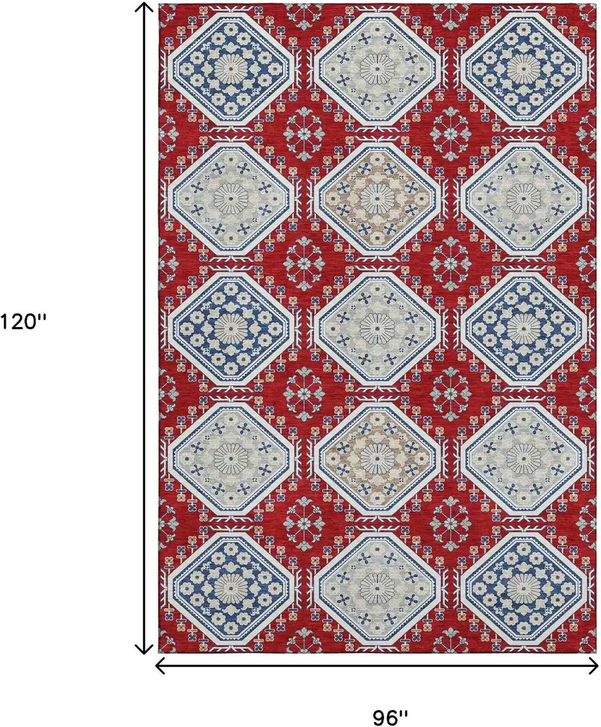 8' Red Navy Blue And Ivory Floral Washable Area Rug With UV Protection Photo 8