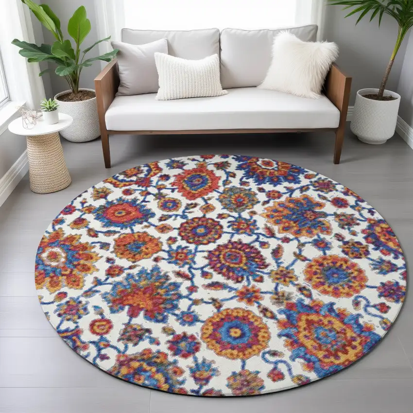 8' Red Navy Blue And Ivory Round Floral Medallion Washable Indoor Outdoor Area Rug Photo 9